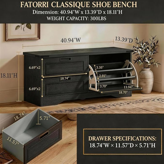 FATORRI Entryway Bench with Storage, 41 Inch Shoe Storage Bench, Industrial Wood Shoe Bench for Entry Way, Living Room, Bedroom and Mudroom (Black)