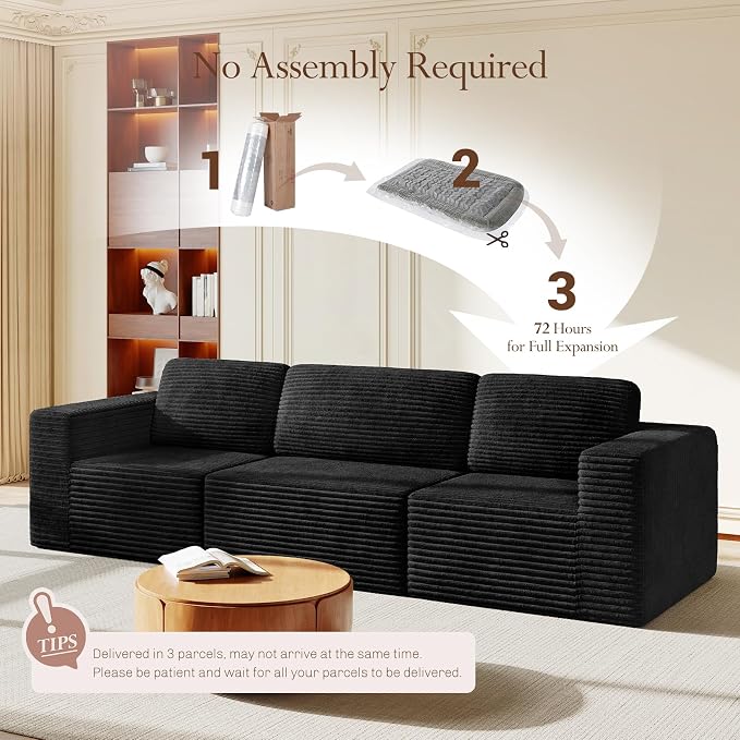 Vesgantti 119" Modular Sectional Sofa, Corduroy Cloud Couch with Deep Seating & Spring Support, 3 Seater Flexible Layout Sofa, Boneless Couch for Living Room & Apartment, No Assembly Required, Black