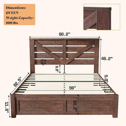 AMERLIFE Queen Size Bed Frame with 49.2" Barn Door Headboard and Footboard, Rustic Farmhouse Platform Bed Frame with Wood Slats, No Box Spring Needed, Under Bed Storage, Reclaimed Barnwood