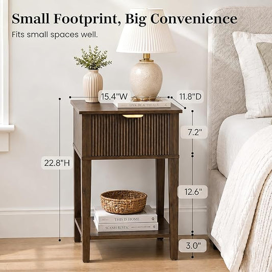 Dark Walnut 15" Wide Small Nightstand with Drawer, Open Shelf, Fluted | Deep wood tone, ribbed fluted front, 11.8-inch slim depth, concealed storage, styled for bedside, sofa side, or chair side