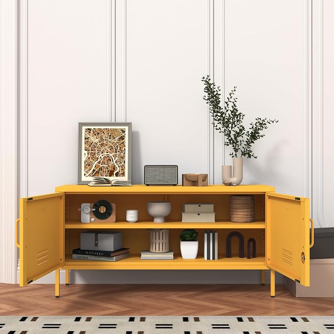 Wide Lockable Metal TV Stand with Accent Cabinet Locker, Heavy Duty Entertainment Center for Bedroom, Adjustable Shelves & 2 Doors, Multifunctional Storage Cabinet for Home 22"H X 35.4"W X 13.8"D