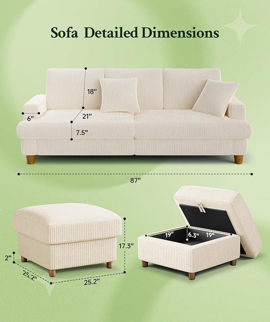 Welzona 87.2" Couches for Living Room, Comfy L Shaped Couch Beige 7.5" Thicker Cushion, Sofas for Living Room Tool-Free Setup, Loveseat with Ottoman 848lbs Support, Corduroy Couch for Bedroom, Office