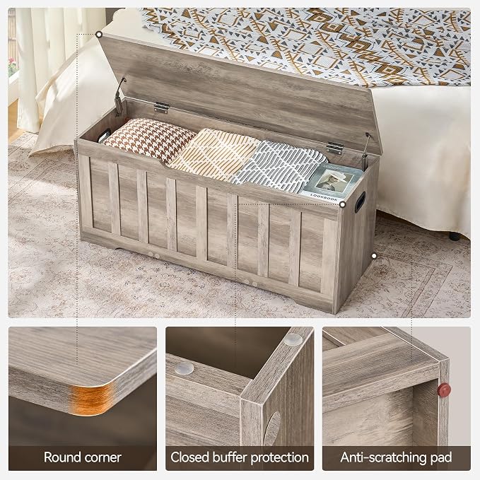 VANKILEY 43.3" Storage Chest Extra Large,Storage Trunk with 2 Safety Hinges,Wooden Storage Bench,Shoe Bench,43.3x15.7x19.1 Inch,Easy Assembly,Storage Bench for Bedroom,Living Room,entryway(Greige).