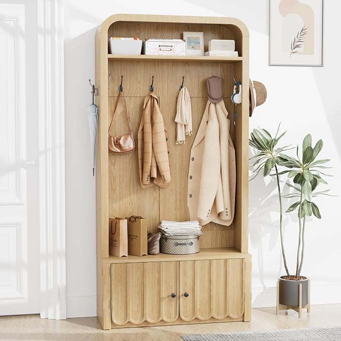 Narrow Hall Tree with Bench and Shoe Storage, Arched Entryway Coat Rack with Adjustable Shoe Cabinet,8 Hooks, Modern Rustic Mudroom Storage Organizer with Scalloped Wave Fluted Doors (Nature Oak)
