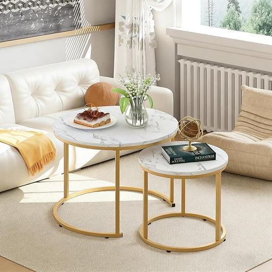 aboxoo Coffee Table Nesting White Set of 2 Side Set Golden Frame Circular Round and Marble Pattern Wooden Tables, Living Room Bedroom Apartment Modern Industrial Simple Nightstand
