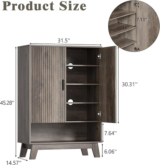 Shoe Cabinet Storage for Entryway with Doors, 5 Tier Fluted Shoe Organizer with Adjustable Shelves, Entryway Shoe Storage with Wooden Legs, Freestanding Hidden Shoe Rack for Front Door Entrance, Grey