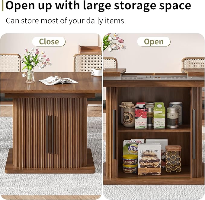 Extendable Dining Room Table for 4-6, 47-65 Inch Rectangle Kitchen Dining Table with Large Storage, Fluted Sliding Door, Expandable Mid Century Modern Dinner Furniture, Living Room, Walnut, Brown