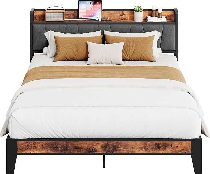LIKIMIO Full Bed Frame, Storage Headboard with Charging Station, Solid and Stable, Noise Free, No Box Spring Needed, Easy Assembly