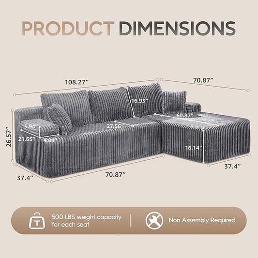 Hobestluk Boneless Couch Modular Sectional Sofa L-Shape Oversized Chaise | 108" Right Facing Chaise Pale Gray,Memory Foam,Removable Cover,Non-slip Bottom,No Assemble Required,Living Room Furniture
