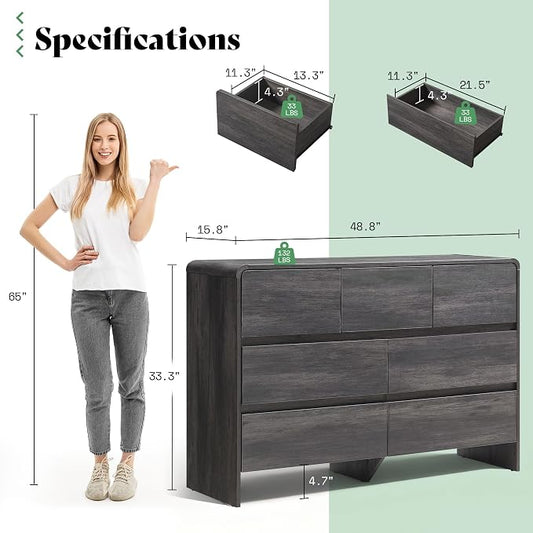 AMERLIFE 7 Drawer Dresser for Bedroom, 49" Wide Modern Chest of Storage Drawers with Rounded Corners, Anti-Tip Kit, Wood Cabinet Organizer for Closet, Living Room, Nursery, Easy Assembly, Black