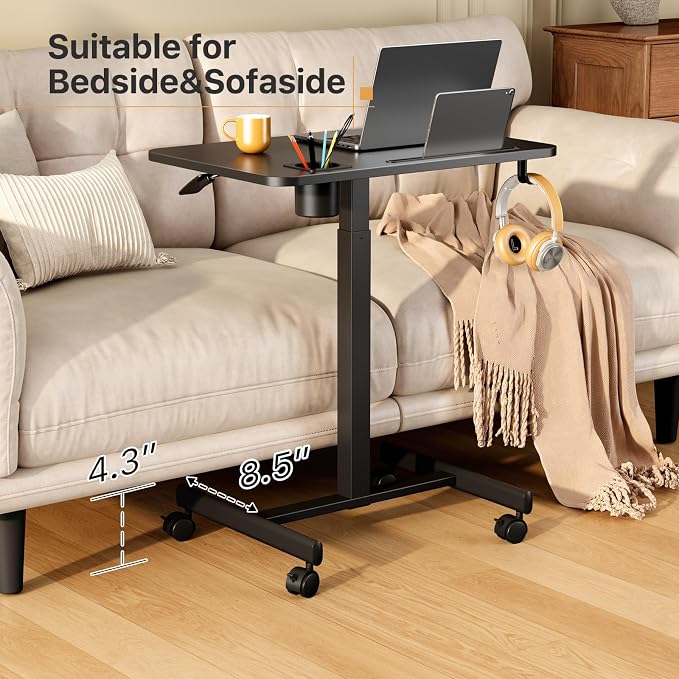 Mobile Standing Desk, Rolling Laptop Cart Adjustable Height with Cup Holder, 28 inch Portable Table with 4 Lockable Wheels, Black Computer Workstation with Hook and Slots for Home Office