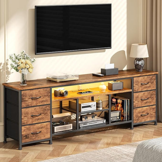 Furologee LED TV Stand for 65, 70 Inch TV, 63 Inch Entertainment Center with Power Outlets, 6 Fabric Drawers Dresser for Bedroom, Media Console with Open Shelves, Rustic Brown