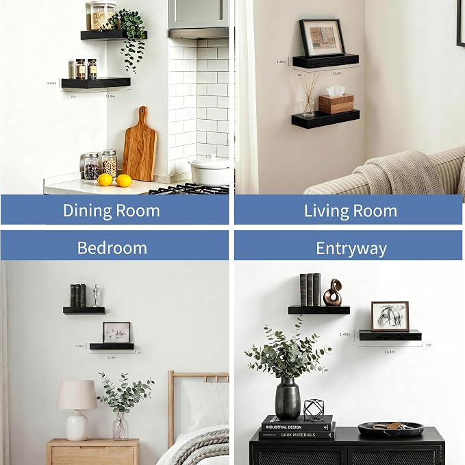 Floating Shelves Bathroom for Wall, Bathroom Shelves Over Toilet, Wall Shelves & Book Shelf, Hanging Shelf, Modern Wooden Wall-Mounted Small Floating Shelves, 12x7x1.5 in (Black, Set of 2)