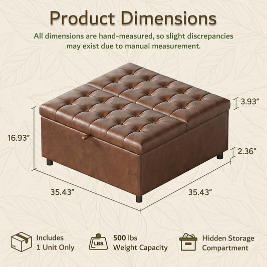 Brown Leather 36 Inch Extra Large Lift Top Living Room Storage Ottoman | LINLUX Tufted Upholstered Shoe Storage Entry Bench, Bed Benches For Foot Rest, Lift Footrest For Dorm Bedroom Office