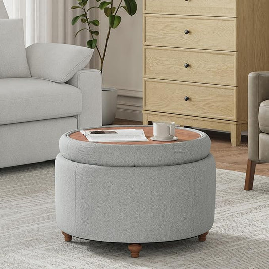 25Inch Round Ottoman with Storage, Tufted Fabric Modern Circle Ottoman with Reversible Tray Lid and Wood Legs, Multi-Functional Small Coffee Table for Living Room, Bedroom, Gray