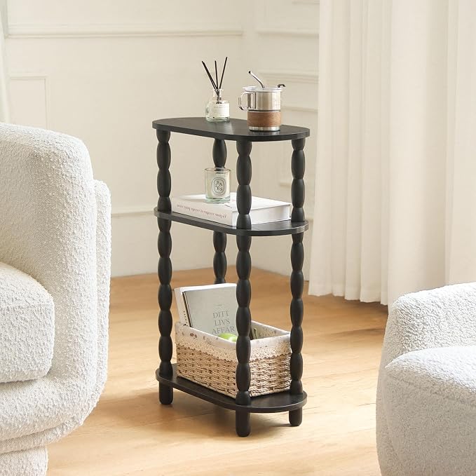 MaxSmeo Small Narrow Side Table, 3-Tier Narrow End Table with Storage, Skinny Side Table Nightstand for Small Spaces, Bedrooms, Living Room (Black)