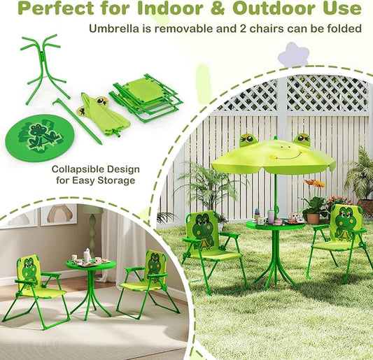 Costzon Kids Picnic Table, Kids Outdoor Table with 2 Folding Chairs, Height Adjustable Umbrella, Portable Children Outdoor Furniture for Patio, Garden, Backyard (Light Green)