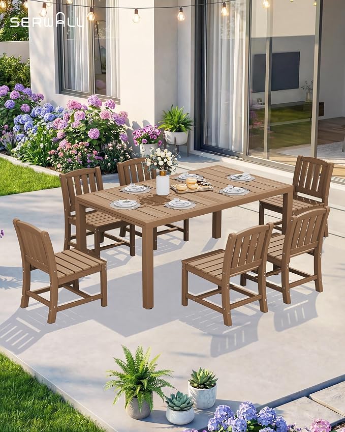 SERWALL 10-Piece Patio Dining Sets with 15FT Patio Umbrella, Brown | 60" - 83" Expandable Outdoor Dining Table and 8 HDPE Chairs, All Weather HDPE Outdoor Furniture Set