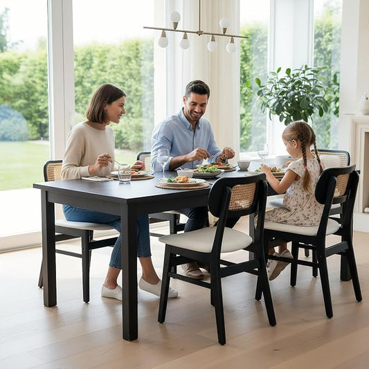 ROCITY Rattan Dining Chairs Set of 6 Black Linen Fabric Dining Room Chairs Natural Wooden Kitchen Chairs Farmhouse Boho
