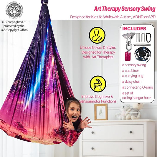 Sensory Swing for Kids & Adults Holds up to 300lbs Indoor & Outdoor Double Layer Therapy Cuddle Swing with 360° Swivel Hanger Kit for Calming, Effect for Autism, ADHD or SPD. (Fantasy Pink)