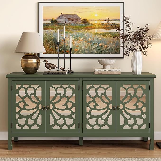 RoyalCraft 63'' Buffet Cabinet with Mirror Butterfly Carved Door, Sideboard Cabinet with Adjustable Shelves, Vintage Accent Credenza Media Console for Entryway, Kitchen, Forest Green