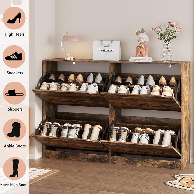 Shoe Storage Cabinet, Wood Shoe Organizer for Entryway with 3 Flip Drawers, Freestanding Shoe Rack with Adjustable Shelf, Narrow Shoe Dresser for Front Door Entrance (Brown, 4 Drawers)