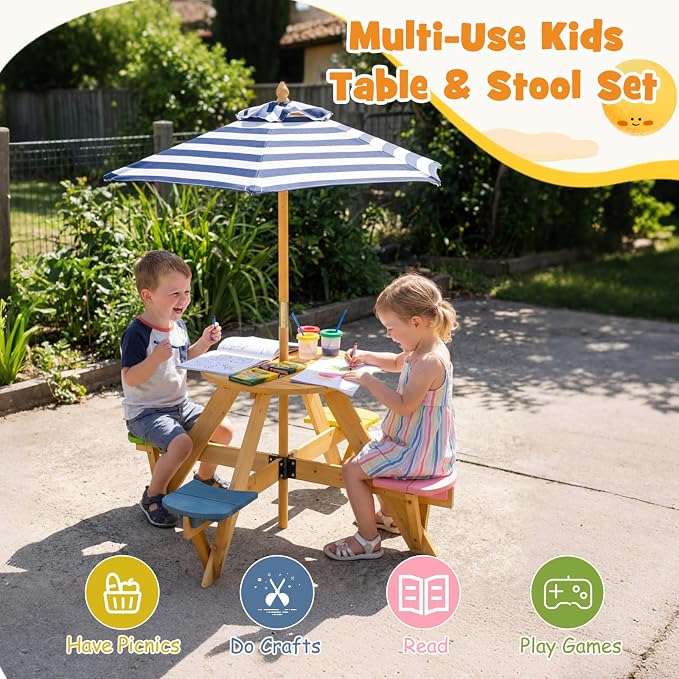 Costzon Kids Picnic Table, 4-Person Wooden Toddler Outdoor Table & Stool Set with Adjustable Umbrella, Wooden Kids Outdoor Furniture for Patio Backyard Lawn Garden