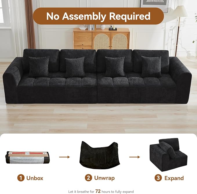140''Modular Sectional Couches for Living Room, Cloud Boneless Compressed Sectional Sofa, Oversized 4 Seater Upholstered Memory Foam Sofa, No Assembly, Chenille Black
