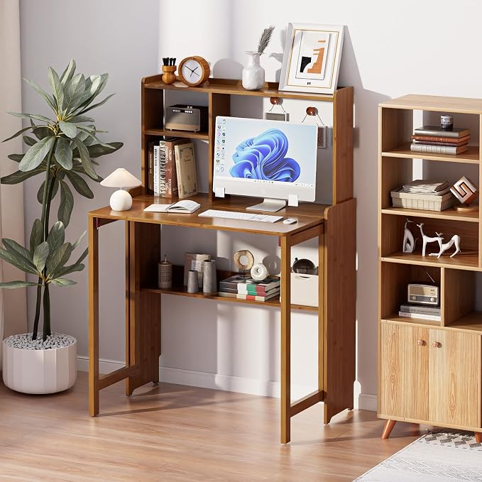 Bamboo Folding Desk for Small Spaces with Storage, Mid Century Foldable Desk with Bookshelf, Small Desks with Storage for Home Office Bedroom, Brown