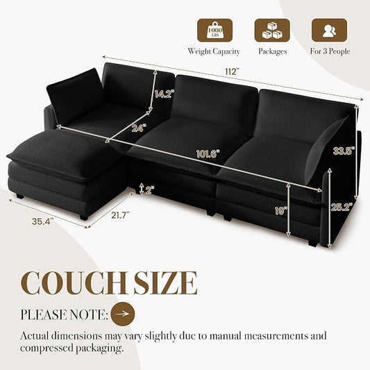 ROWHY 112'' Modular Sectional Cloud Couch with Movable Ottoman, 4 Seat Modern Chenille Sofa with 2 Throw Pillows, Deep Seat L Shaped Couch for Living Room Bedroom Apartment, Black | Arrange Freedom