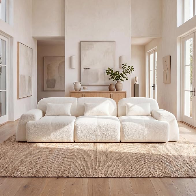 118'' Modular Sectional Cloud Couch Boneless Couches, Oversize Curved Sectional Couches for Living Room, Deep Seat Couch Lambswool Sofa with Ottoman & Throw Pillows, No Assembly, HR Foam