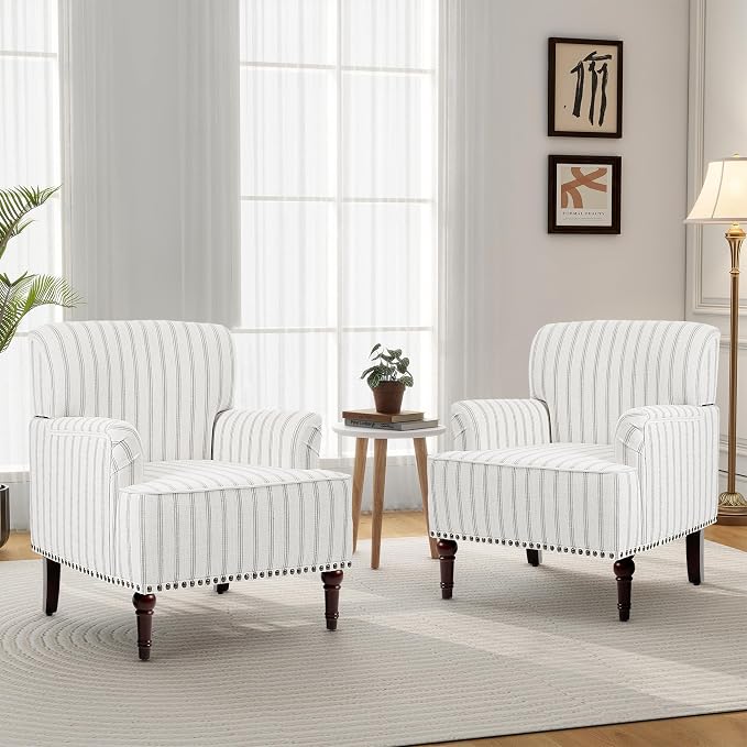 Accent Chair, Mid Century Modern Comfy Armchair for Living Room, Linen Fabric Single Sofa Lounge for Reading Bedroom Apartment Waiting Room with Wood Legs (Pinstripe Grey, Set of 1)