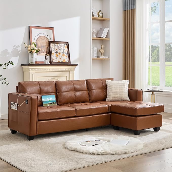 TYBOATLE Brown Sofa Couch Sectional Couches for Living Room, Comfy Faux Leather Modular Convertible L Shaped Sofas with USB & Ottoman, Leather Sectional with Side Pockets for RV Apartment Office