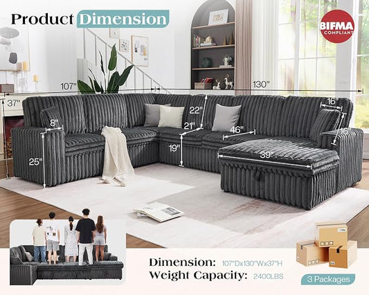VanAcc 130" Sofa Bed, Sectional Sleeper Sofa with Pull Out Bed, Sleeper Couch for Living Room, 6 Seater Couch with Storage, Faux Fur Dark Grey