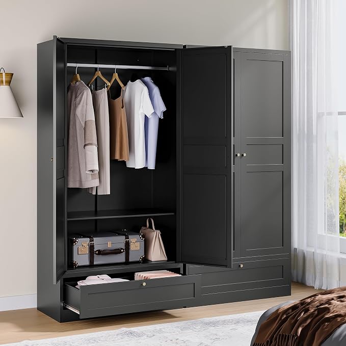 BYNSOE Metal Armoire Wardrobe Closet with 2 Doors 72'' Wardrobe Cabinet with Drawers and Hanging Rail Metal Closet with Adjustable Shelves for Bedroom. (Black, with 1drawer)