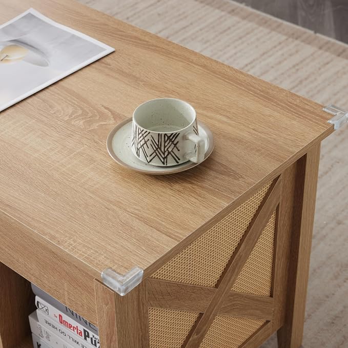 VINGLI Farmhouse Lift Top Coffee Table, Rustic Grey with Storage Shelf/Hidden Compartment, Mesa De Centro para Sala, Rustic Brown (Rattan Natural, 40" L)