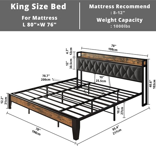 ANCTOR King Bed Frame, Upholstered Tufted Headboard, Storage Shelves & Charging Station, No Box Springs Needed, Sturdy, Noise-Free, Modern Vintage Style