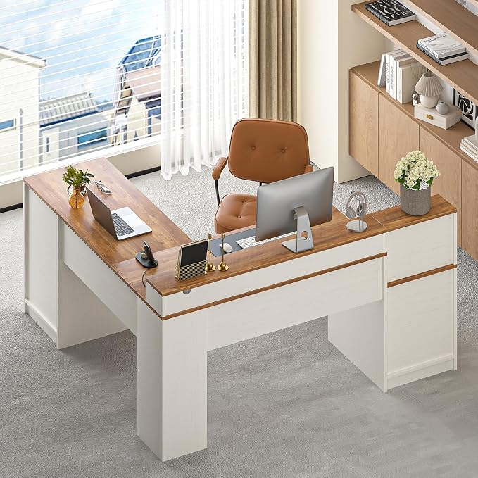 YOMILUVE 63" Farmhouse L Shaped Executive Desk with Drawers & Storage Shelf, Corner Computer Desk with Power Outlets, L Shaped Office Desk with Monitor Stand, Printer Shelf, Antique White