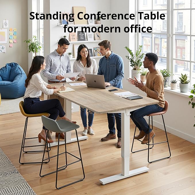 TIQLAB Electric Height Adjustable Standing Desk 71 * 30 inch, Sit Stand Desk with Splice Board, Memory Controller, White Frame & Maple Top Computer Workstation for Home Office