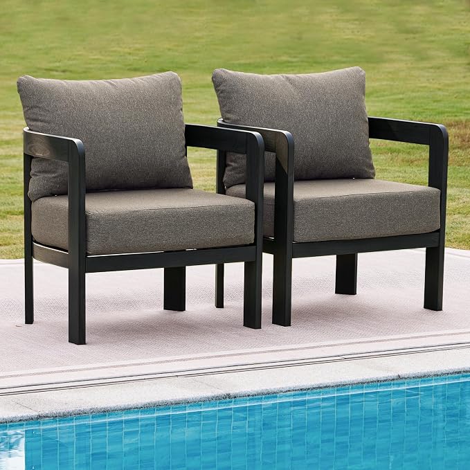 Outdoor Furniture Set, 2Pcs Patio Armchairs, Metal Modern Outside Furniture with 6'' Thick Cushions, Outdoor Conversation Set Balcony Chairs for Backyard, Porch,Deck, Black&Coffee