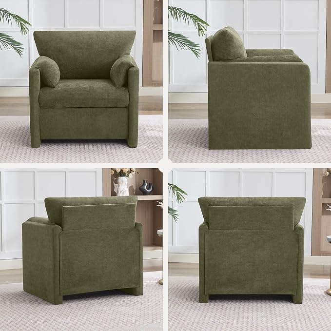 Oversized Accent Chair for Living Room, 32.68" Large Modern Armchair with Deep Seat, Mid-Century Comfy Reading Chair with Padded Arms, Chenille Single Sofa Chairs for Bedroom, Green