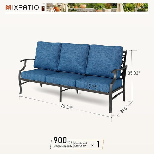 MIXPATIO Patio Couch Metal 3-Seat Outdoor Sofa Deep Seating Outdoor Furniture Peacock Blue Cushion for Front Porch, Deck, Balcony, Backyard, Sunroom