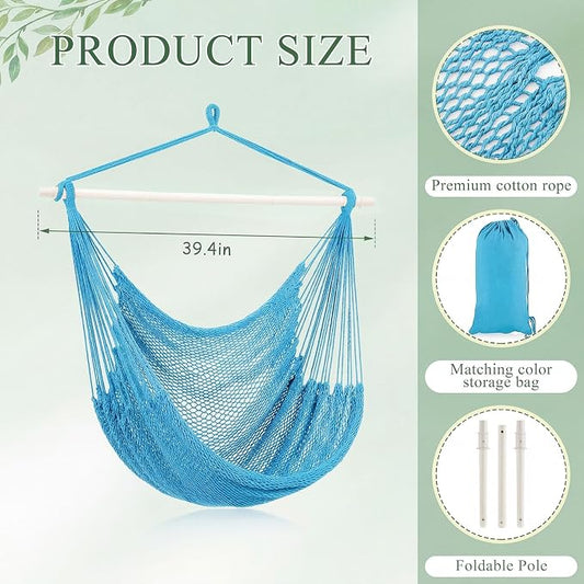 Barydat 2 Pcs Hanging Hammock Chair Boho Swing Chair Outdoor Indoor Comfy Soft Cotton Rope Weaving with 40 Inch Detachable Metal Bars for Backyard Living Room Garden, 270lb Capacity (Blue)