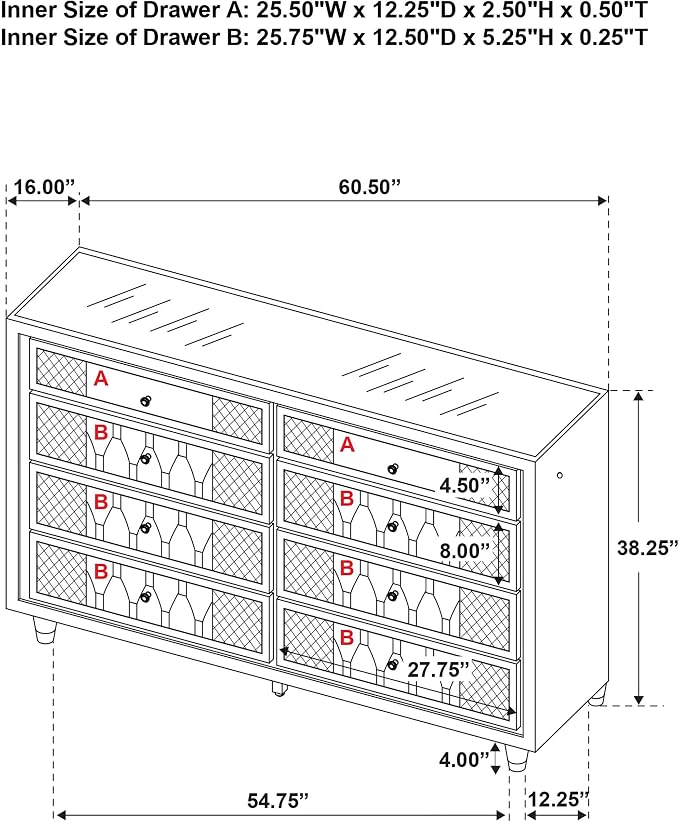 Coaster Home Furnishings - Lorient - Wood and Velvet - 8-Drawer Dresser with LED Lighting, Quilted Fronts and Crystal Knobs - Bedroom - Ivory and Camel - 222663