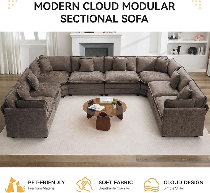 147'' Oversized U Shaped Cloud Sectional Sofa, Chenille Deep Seat Couches for Living Room, Comfy Upholstered Modular Sectional Sofa Couch, Brown