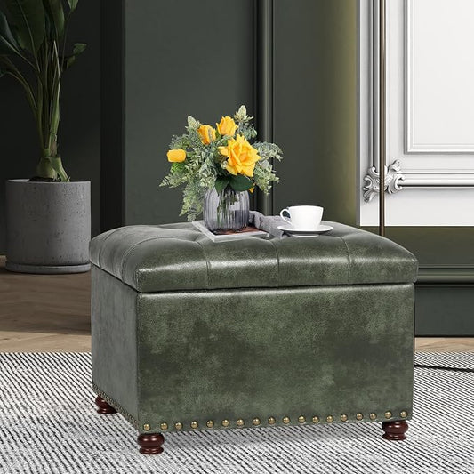 Joveco Storage Ottoman Rectangular Tufted Upholstered Ottomans with Rivet, Footrest Footstool Seat with Wood Legs for Living Room Bedroom (Black Green)