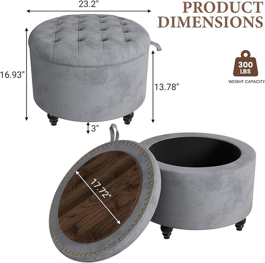 24 Inch Round Storage Ottoman,Modern Tufted Ottomans,Circular Coffee Table with Removable Top,Upholstered Large Ottoman with Storage Footrest Stool for Bedroom Living Room (Lightgrey)
