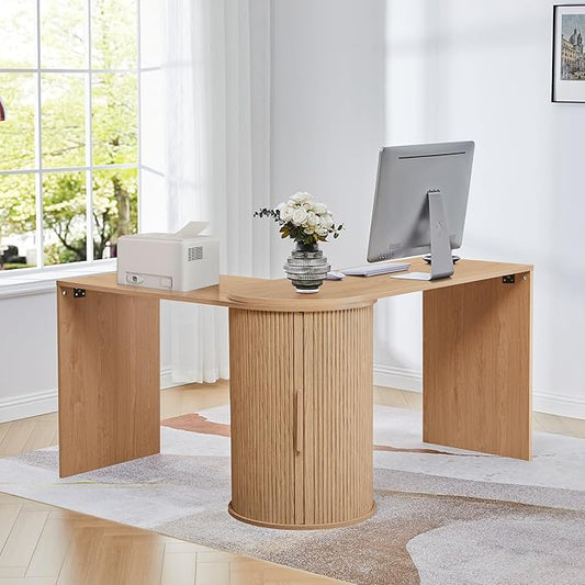 Fluted Computer PC Desk Table with Storage, Boho Corner L Shaped Desk with Storage for Small Space, Modern Home Office Desk for Bedroom, for Writing, Executive, Study, Work - Natural