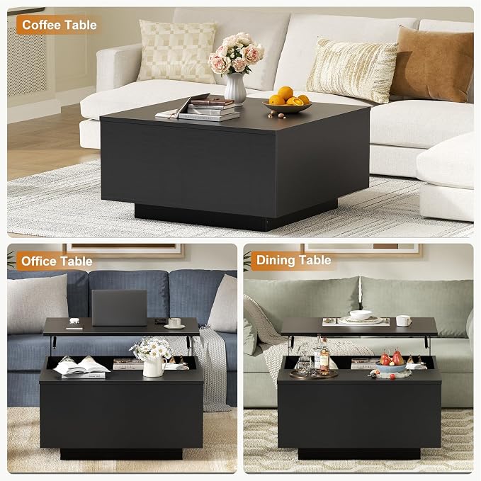 FABATO Lift Top Coffee Table, Wood Square Coffee Table with Storage, Farmhouse Coffee Tables with Hidden Storage Compartment, Center Table with Lifting Tabletop for Living Room, Home Office, Black