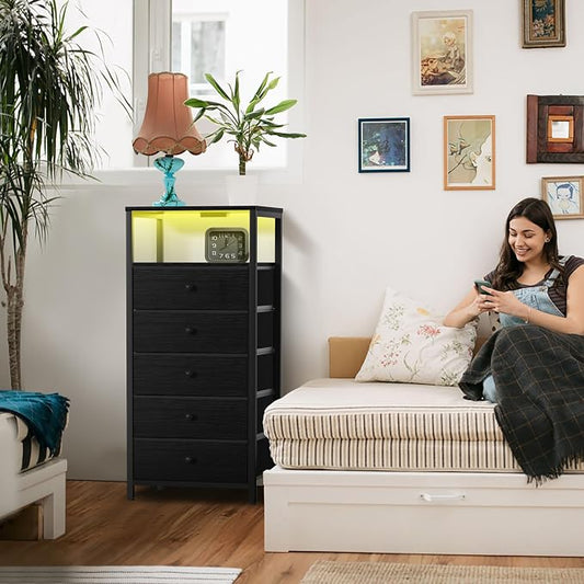 BOLUO Black Dresser with 5 Drawers Tall Nightstand with Charging Station and LED Light, Bedside Table Room Storage Drawers Closet